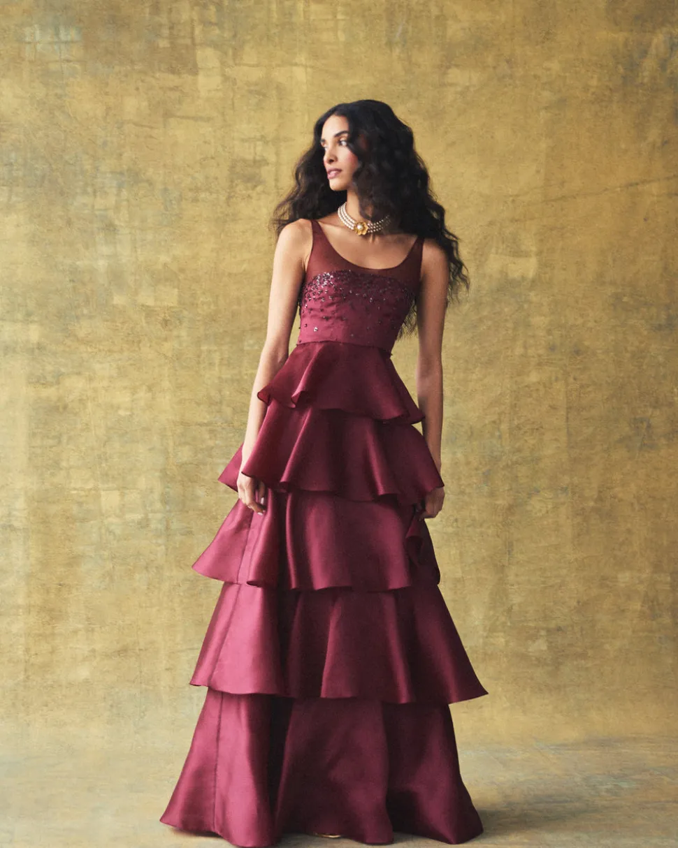 Grayal Gown in Plum Satin Face Organza with Crystal Floral Embellishment