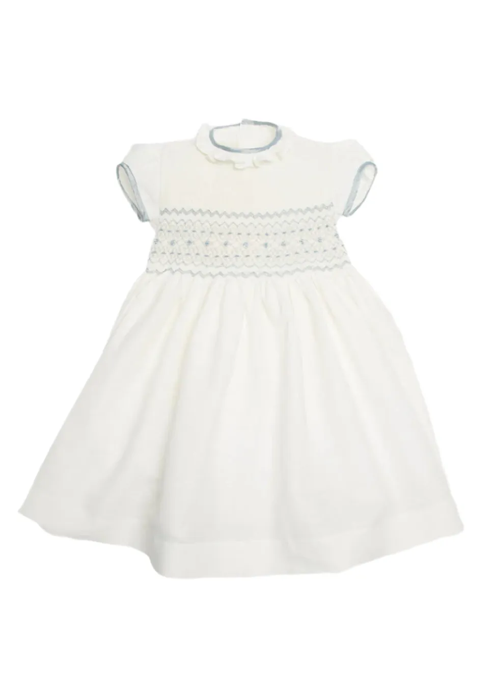 Hand Smocked Occasion Dress in Ivory with Blue Details