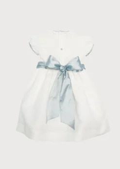 Hand Smocked Occasion Dress in Ivory with Blue Details