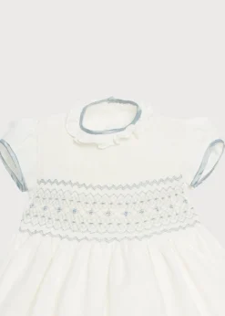 Hand Smocked Occasion Dress in Ivory with Blue Details