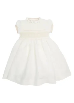 Hand Smocked Occasion Dress in Ivory with Pink Details