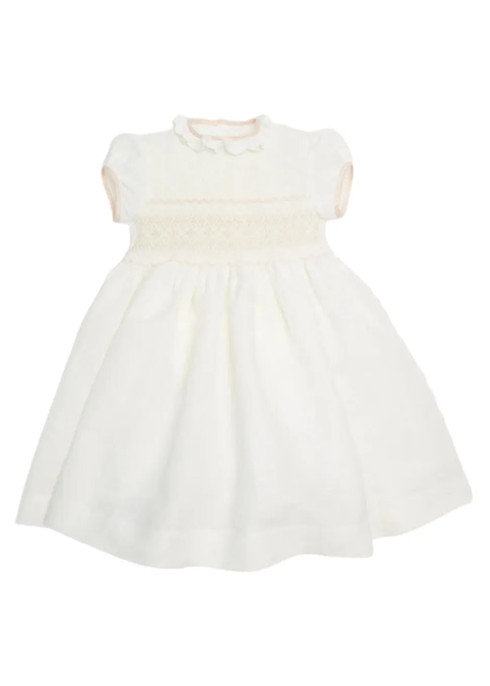 Hand Smocked Occasion Dress in Ivory with Pink Details