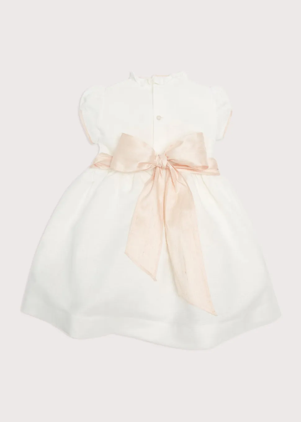 Hand Smocked Occasion Dress in Ivory with Pink Details
