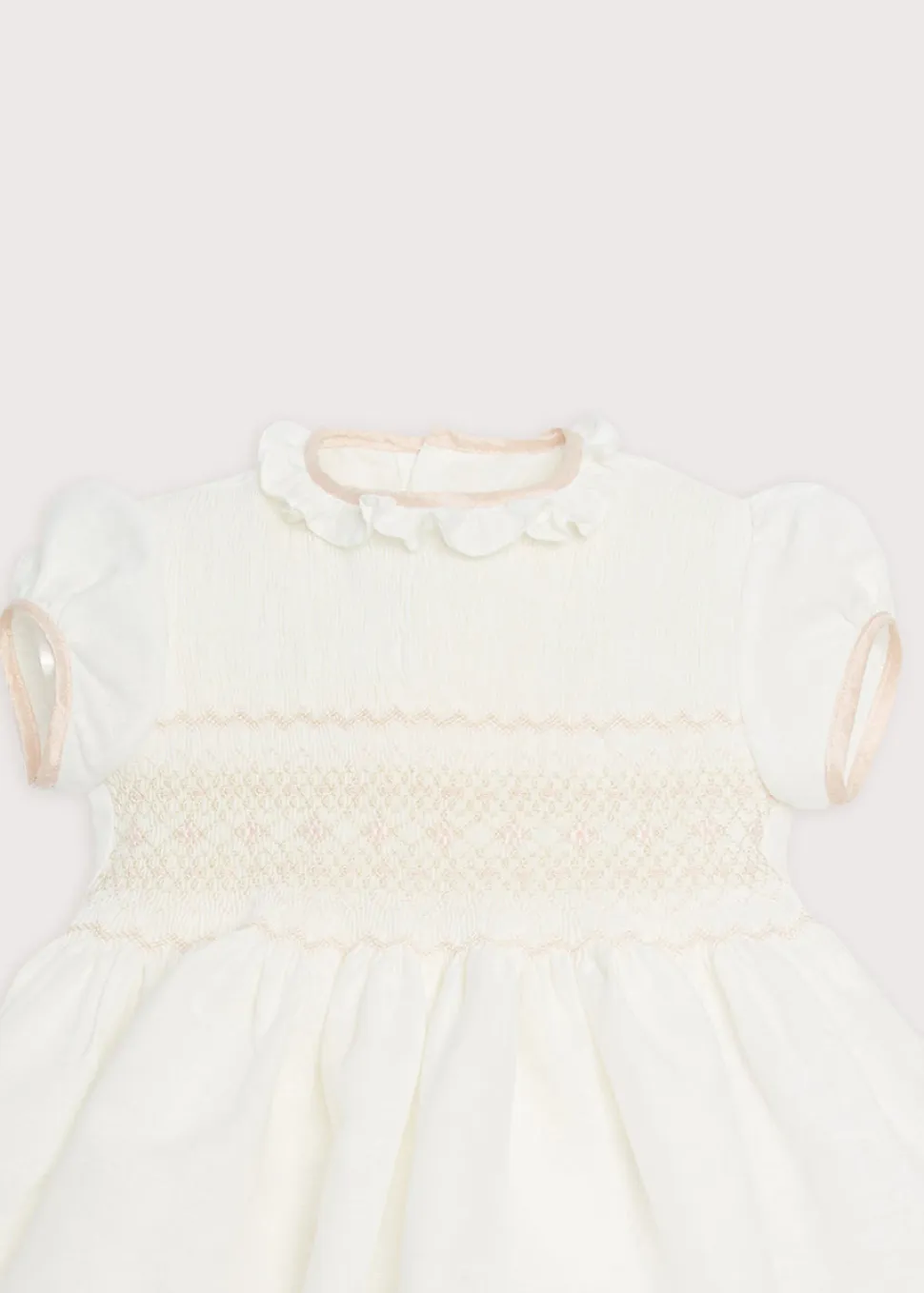Hand Smocked Occasion Dress in Ivory with Pink Details