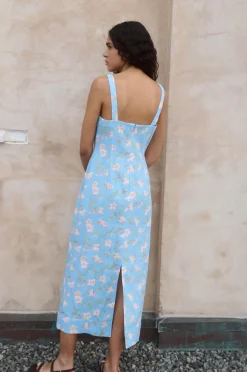 High-Neck Midi Dress in Blue Hibiscus
