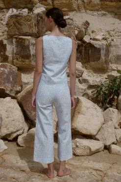 High-Waisted, Wide-Leg Pants in Blue Checkerboard