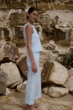 High-Waisted, Wide-Leg Pants in Blue Checkerboard
