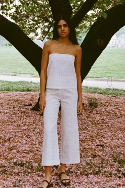 High-Waisted, Wide-Leg Pants in White with Beige Checkerboard