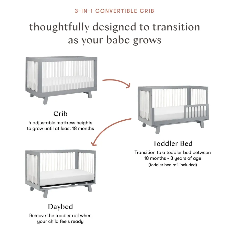 Hudson 3-in-1 Convertible Crib with Toddler Bed Conversion Kit in Grey & White