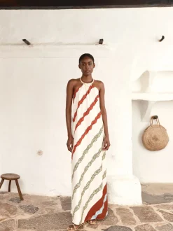 Ipanema Cotton Maxi Dress in Ivory Striped Helechos