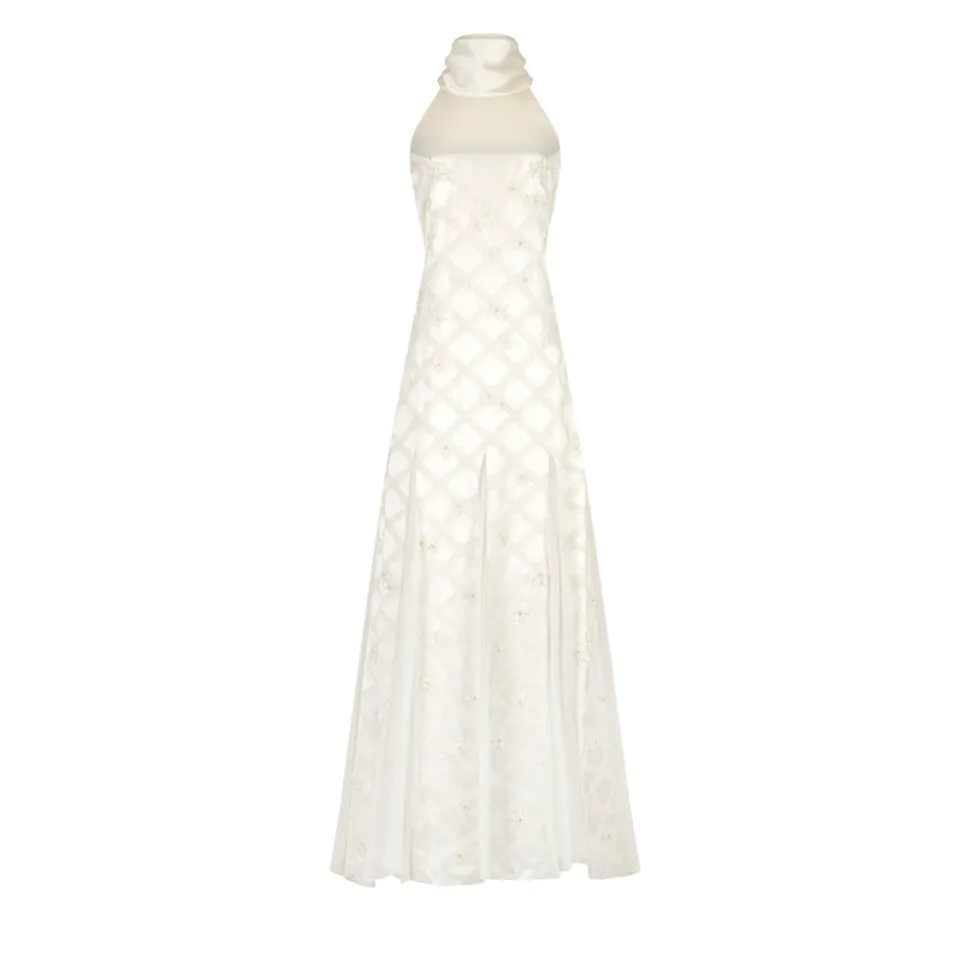 Ivy Dress in Ivory Satin with Lattice Embellishment