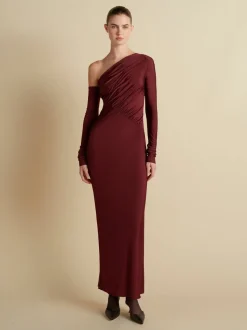 Jersey One-Shoulder Draped Dress in Garnet