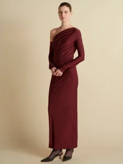 Jersey One-Shoulder Draped Dress in Garnet