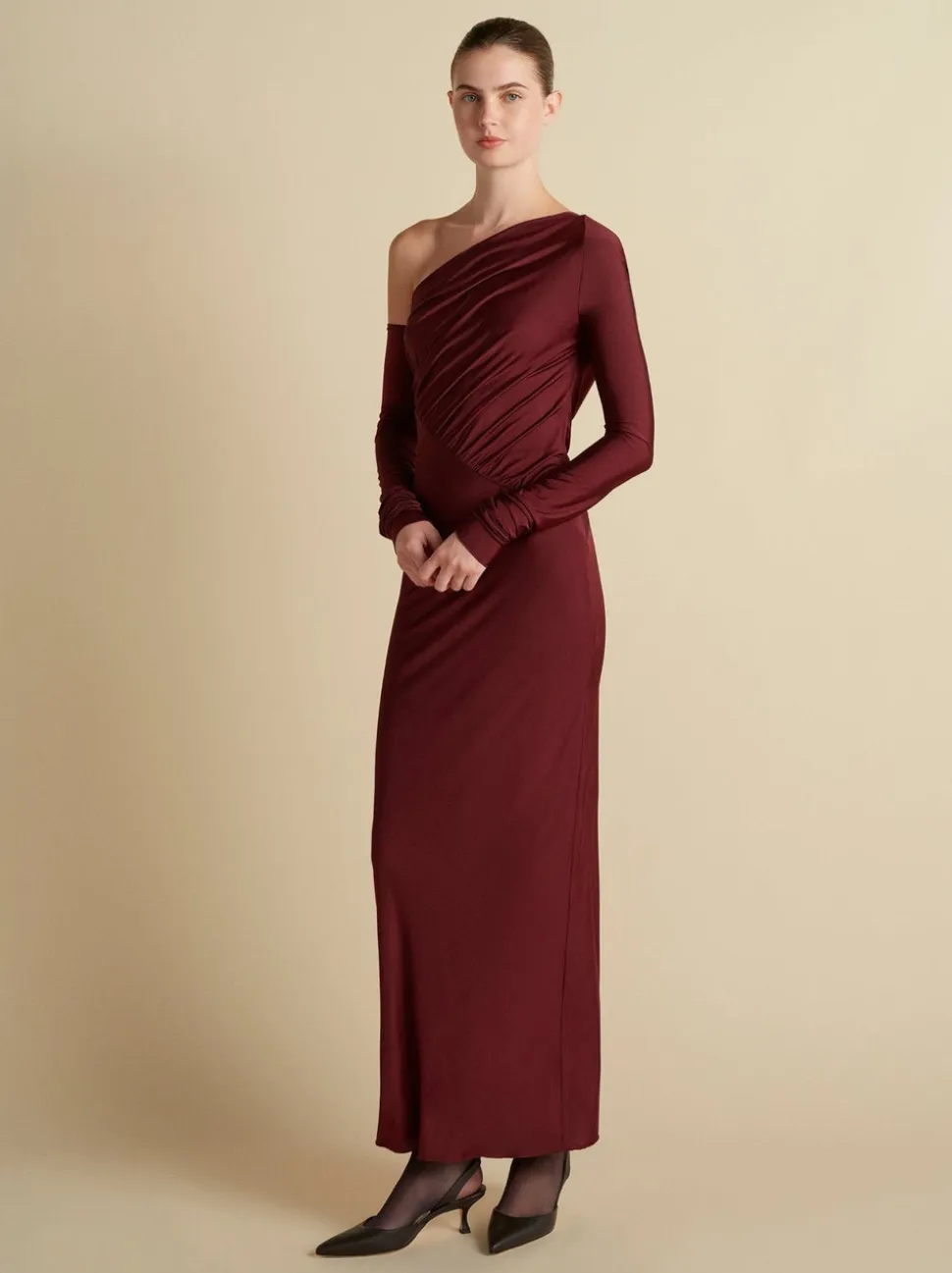 Jersey One-Shoulder Draped Dress in Garnet