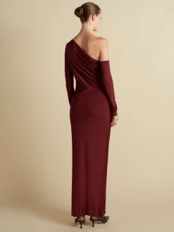 Jersey One-Shoulder Draped Dress in Garnet