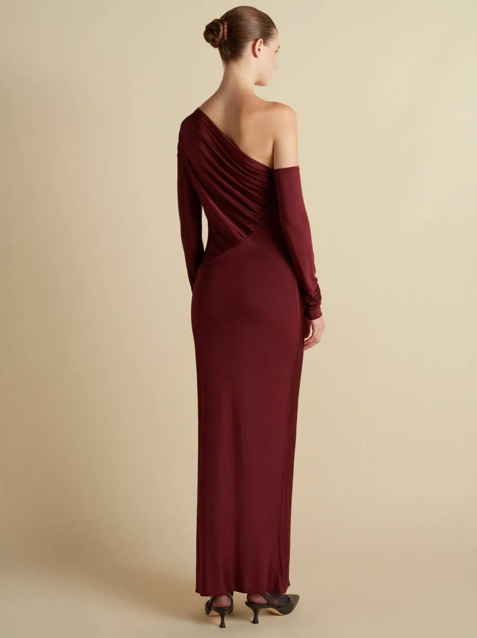 Jersey One-Shoulder Draped Dress in Garnet