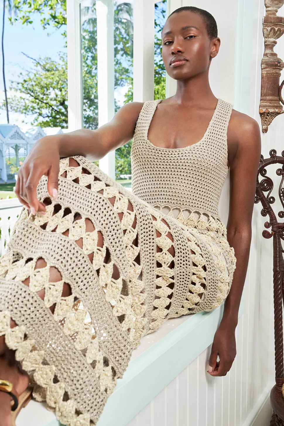 Joan Dress in Metallic Ivory Crochet