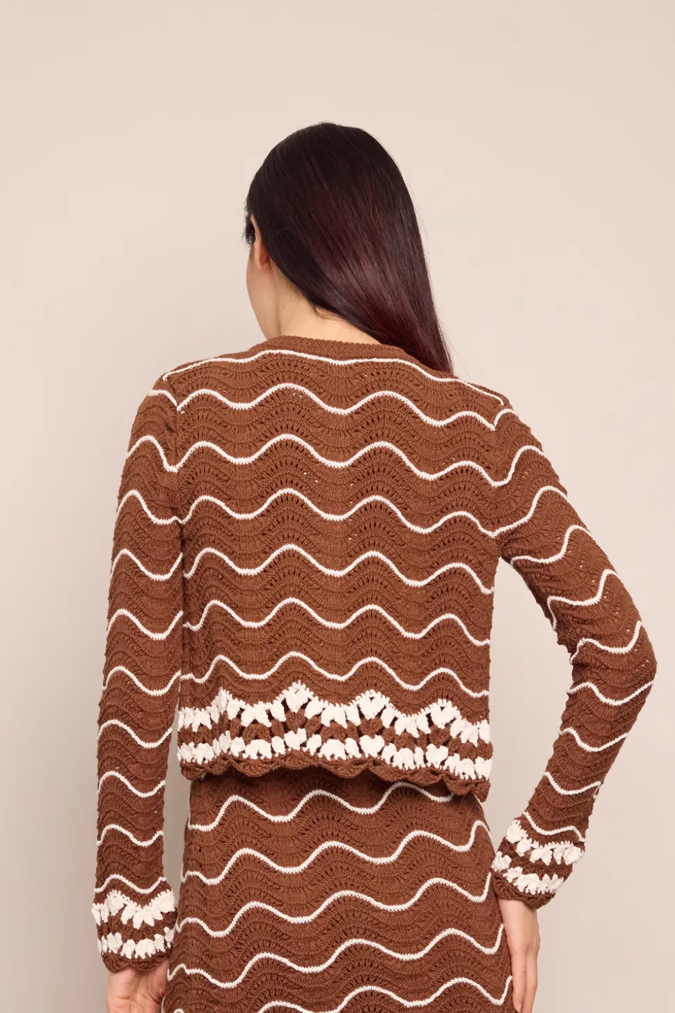 Jolene Cardigan in Brown Ivory Wave Crochet