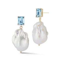 14K Blue Topaz and Baroque Pearl Drop Earrings