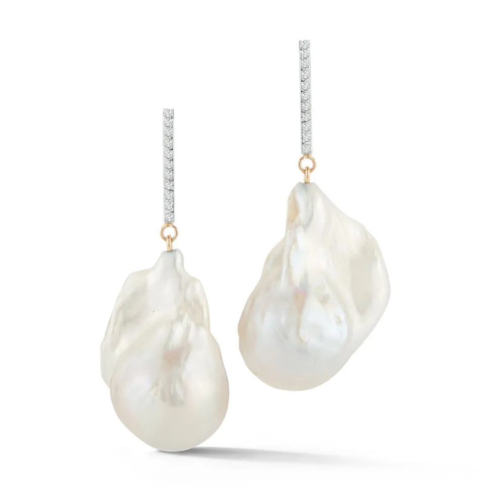 14K Diamond Bar Baroque Pearl Earrings