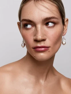 14K Diamond Bar Baroque Pearl Earrings