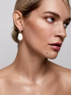 14K Diamond Bar Baroque Pearl Earrings
