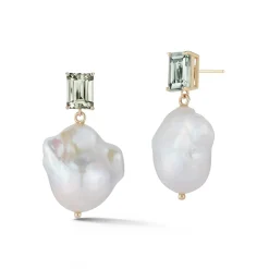 14K Green Amethyst and Baroque Pearl Drop Earrings