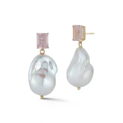 14K Rose Quartz and Baroque Pearl Drop Earrings