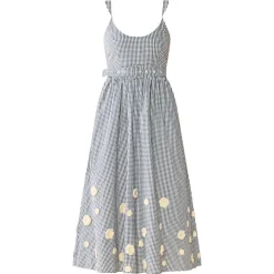 Katherine Dress in Navy Gingham with Cream Crochet Applique