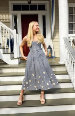 Katherine Dress in Navy Gingham with Cream Crochet Applique
