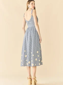 Katherine Dress in Navy Gingham with Cream Crochet Applique