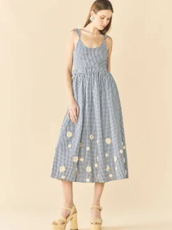 Katherine Dress in Navy Gingham with Cream Crochet Applique