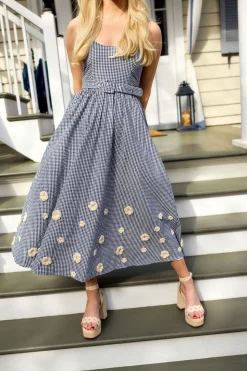 Katherine Dress in Navy Gingham with Cream Crochet Applique