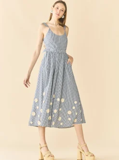 Katherine Dress in Navy Gingham with Cream Crochet Applique