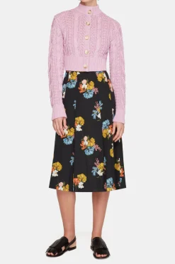 Kenzie Skirt In Retro Bouquet On Black Silk Crepe De Chine
