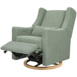 Kiwi Electronic Recliner and Swivel Glider with USB port in Sage Teddy Loop with Light Wood Base