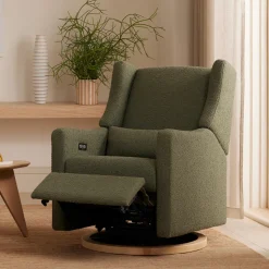 Kiwi Electronic Recliner and Swivel Glider with USB port in Olive Boucle with Light Wood Base