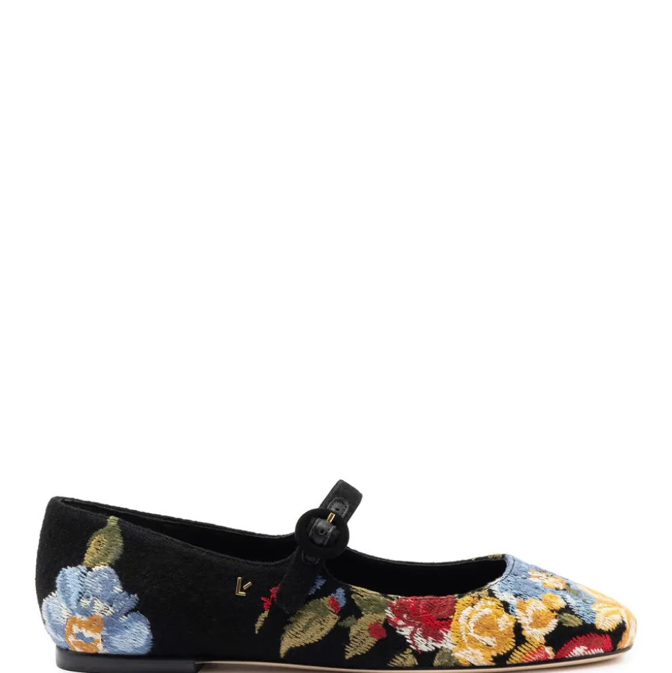 Larroudé x Markarian Flat In Floral Wool and Black Embroidery