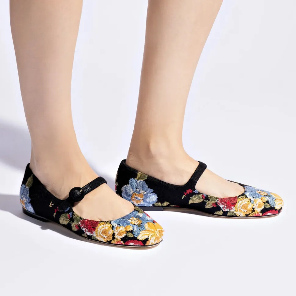 Larroudé x Markarian Flat In Floral Wool and Black Embroidery