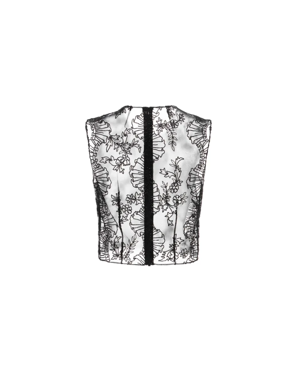 Laurence Top in Black Organza with Ribbon Embroidery