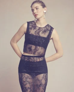 Laurence Top in Black Organza with Ribbon Embroidery