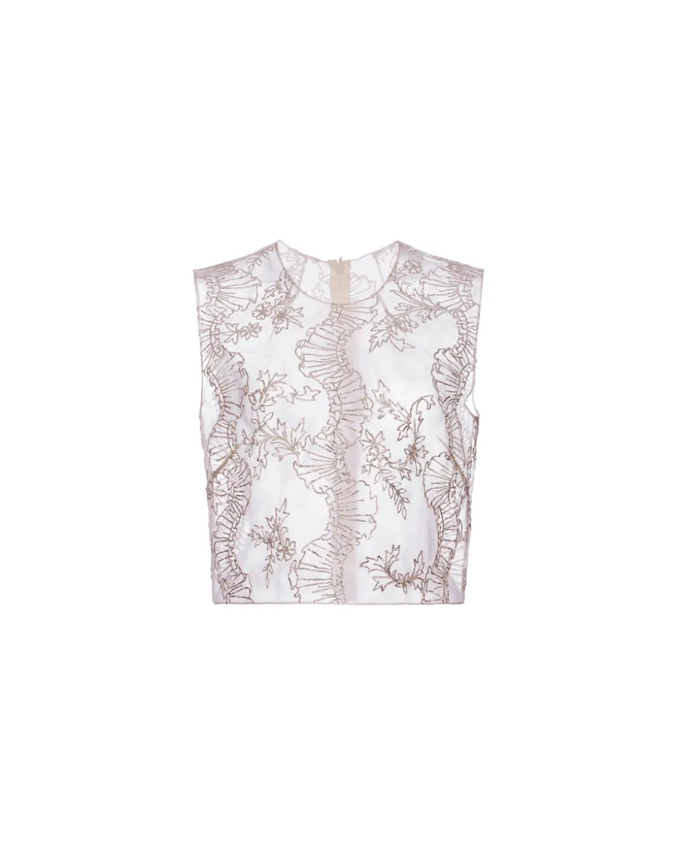 Laurence Top in Ivory Organza with Ribbon Embroidery