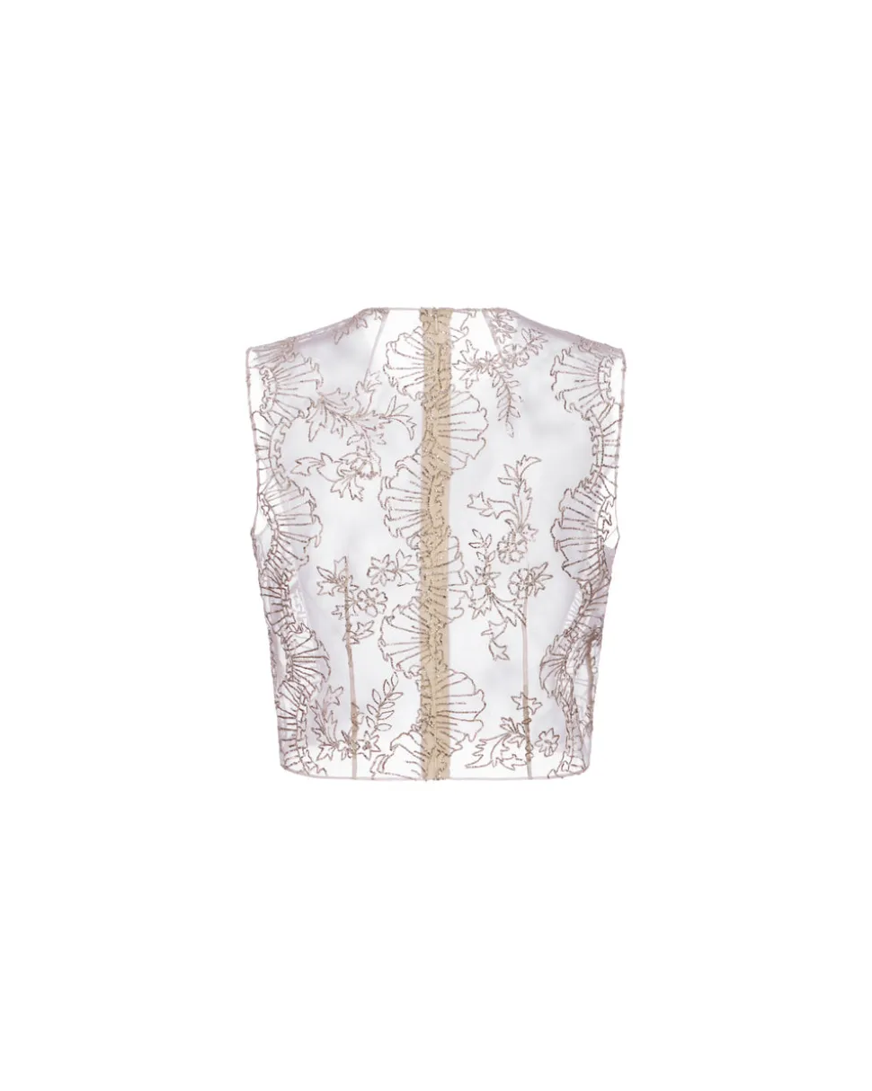Laurence Top in Ivory Organza with Ribbon Embroidery