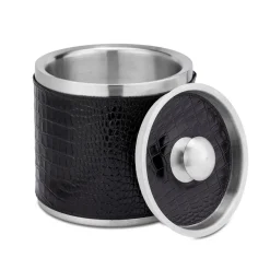 Leather Ice Bucket with Tongs in Crocodile Embossed Leather