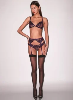 Lily Embroidery Garter Belt in Aubergine