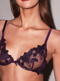 Lily Embroidery Plunge Demi Bra in Aubergine