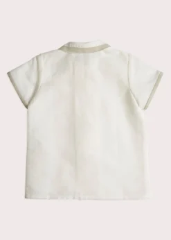 Linen Boys Celebration Shirt in White with Beige Piping