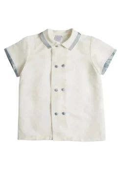 Linen Boys Celebration Shirt in White with Blue Silk piping