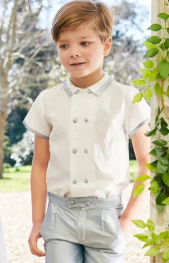 Linen Boys Celebration Shirt in White with Blue Silk piping