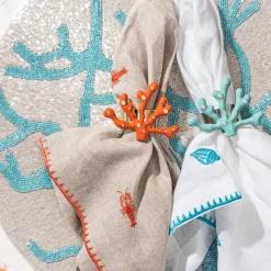 Lobster Embroidered DInner Napkins in Flax, Set of Two